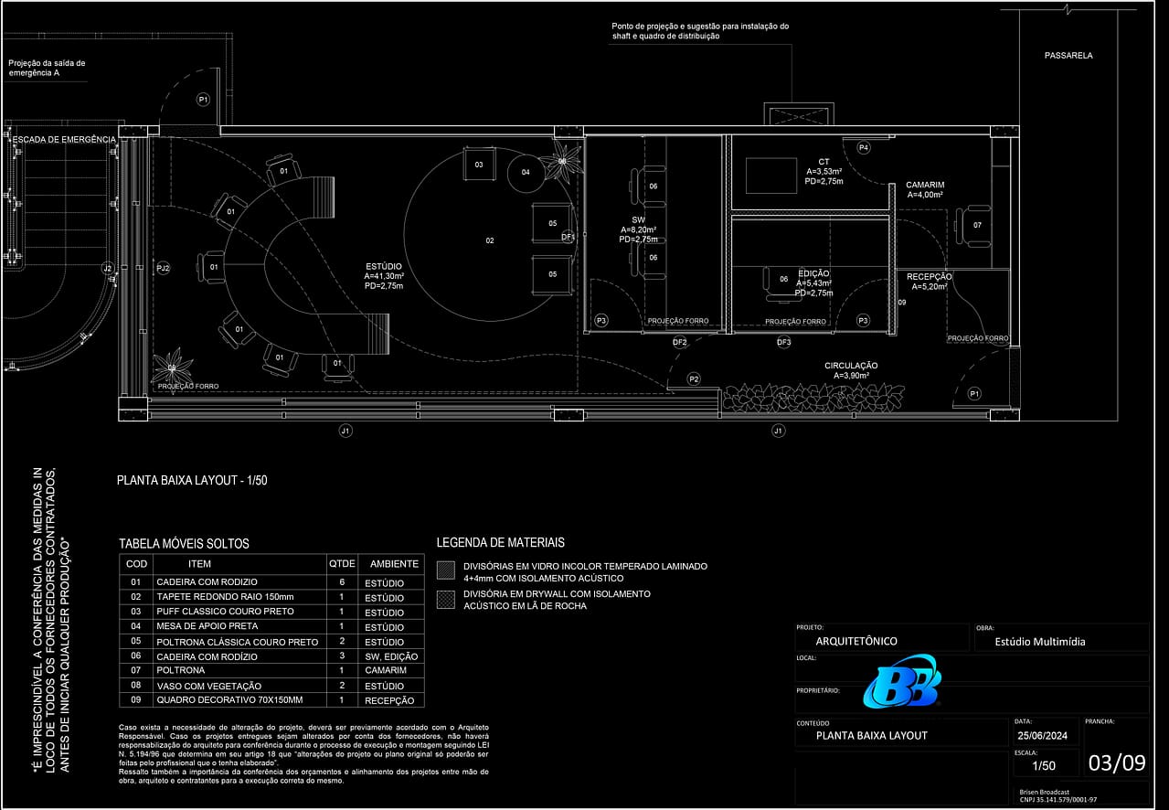 PROJETO ARQUITETONICO ESTUDIO TV, POADCAST , RADIO- PLANTA LAYOUT - MULTIMÍDIA - Brisen™ Engenharia