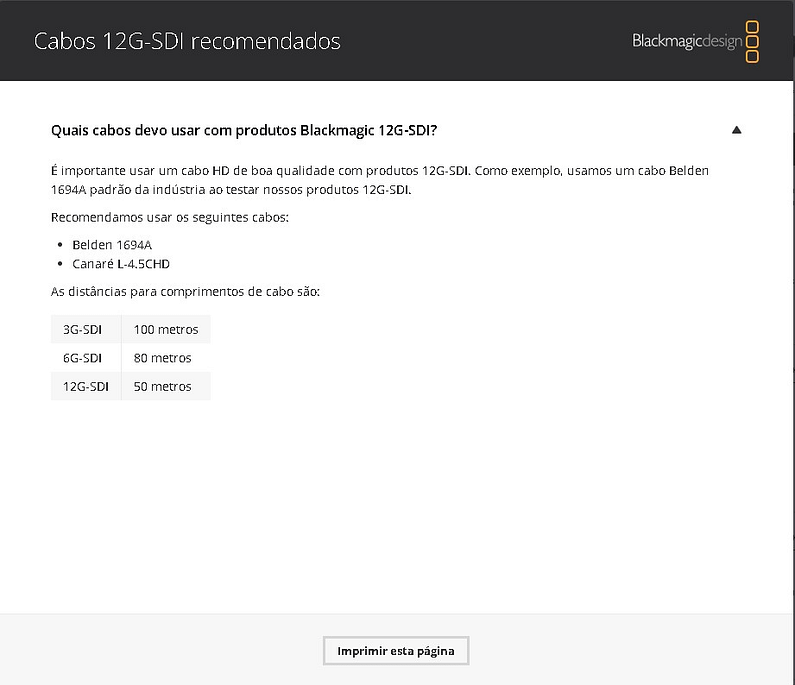 Cabos 12G-SDI recomendado - BLACK MAGIC - Brisen™ Engenharia