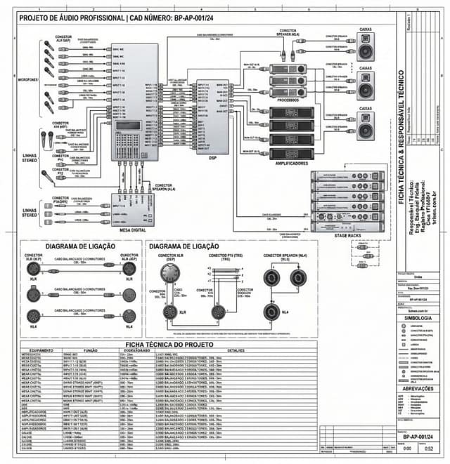 planta-tecnica-diagrama-sonorizacao-profissional - Brisen™ Engenharia Professional audio system schematic with mixer, DSP, processors, amplifiers, and speakers the labeled signal flow diagram